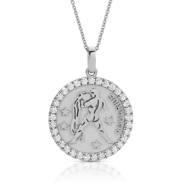 Celestial Sophistication: Large Aquarius Zodiac Pendant with Diamonds
