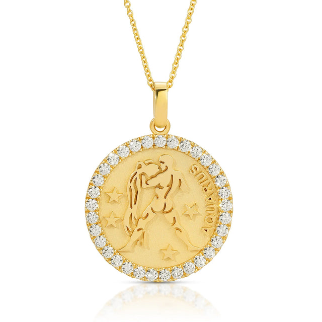 Celestial Sophistication: Large Aquarius Zodiac Pendant with Diamonds